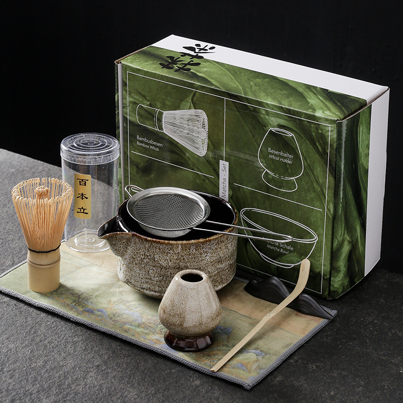 Matcha Bowl Chawan - Conjunto matcha japonês artesanal, 7 peças,